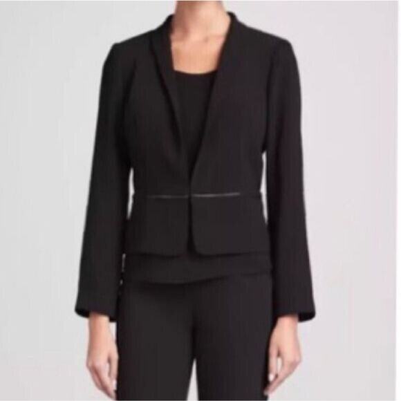 Eileen Fisher Black Tropical Suiting Eco Poly Leather Trim Blazer Petite Large - Picture 1 of 11